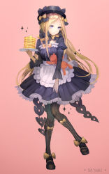Rule 34 | 1girl, abigail williams (fate), alternate costume, apron, artist name, black bow, black dress, black footwear, black hat, black pantyhose, blonde hair, blue eyes, boots, bow, bug, butter, butterfly, closed mouth, commentary request, cross-laced footwear, dress, enmaided, fate/grand order, fate (series), food, hair bow, hat, highres, holding, holding plate, hugging object, insect, juliet sleeves, knee boots, lace-up boots, long hair, long sleeves, looking to the side, maid, orange bow, pancake, pancake stack, pantyhose, parted bangs, pink background, plate, polka dot, polka dot bow, puffy sleeves, sa&#039;yuki, simple background, solo, sparkle, striped clothes, striped pantyhose, stuffed animal, stuffed toy, teddy bear, vertical-striped clothes, vertical-striped pantyhose, very long hair, waist apron, white apron