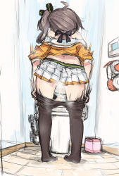 Rule 34 | 1girl, absurdres, bathroom, bent over, black pantyhose, bow, brown hair, clochetteravine, clothes pull, from behind, hair bow, highres, hololive, jacket, long hair, natsuiro matsuri, off shoulder, orange jacket, panties, panty pull, pantyhose, pantyhose pull, peeing, ponytail, puddle, short sleeves, side ponytail, skirt, standing, steam, striped clothes, striped panties, toilet, toilet paper, trash can, underwear, virtual youtuber, wall, wet, wet clothes, wet panties, white panties, white skirt