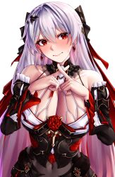 Rule 34 | 1girl, :&gt;, absurdres, bare shoulders, black dress, blush, breasts, closed mouth, crossed fingers, detached sleeves, dress, earrings, hair ribbon, head tilt, highres, honkai (series), honkai impact 3rd, jewelry, large breasts, long hair, mature female, pyeong-il pyeongil, red eyes, ribbon, solo, theresa apocalypse, theresa apocalypse (luna kindred), theresa apocalypse (lunar vow: crimson love), upper body, white background, white hair