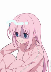 Rule 34 | 1girl, blue eyes, bocchi the rock!, breasts, commentary request, cube hair ornament, dated, gotoh hitori, grey background, hair between eyes, hair ornament, highres, hugging own legs, jacket, knees up, long hair, medium breasts, neki (wakiko), one side up, pants, pink hair, pink jacket, pink pants, shaded face, simple background, sitting, solo, track jacket, track pants, track suit, twitter username, very long hair