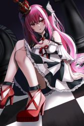 Rule 34 | 1girl, bare shoulders, belt, chessboard, crown, eyebrows hidden by hair, floor, high heels, highres, long hair, looking at viewer, nicky w, open mouth, original, red eyes, red hair, sitting, skirt, solo, twintails