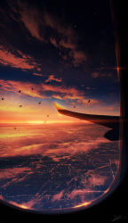 Rule 34 | absurdres, aircraft, airplane, airplane wing, bird, chinese commentary, city, city lights, cloud, evening, highres, horizon, no humans, original, scenery, sky, skyrick9413, star (sky), sunset, window