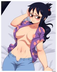 Rule 34 | 1girl, absurdres, areola slip, bare arms, bed, blue hair, blush, breasts, brown eyes, cleavage, embarrassed, glasses, hair up, highres, large breasts, long hair, looking at viewer, lying, navel, nipples, on bed, one piece, open fly, panties, red-framed eyewear, shiny skin, simmsy, solo, tashigi, thighs, underwear