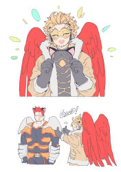 Rule 34 | 2boys, animal ears, beard, blonde hair, blue eyes, blush, boku no hero academia, deavor lover, expressionless, facial hair, fake animal ears, feathered wings, feathers, hawks (boku no hero academia), highres, male focus, manly, multiple boys, mustache, red hair, scar, spiked hair, endeavor (boku no hero academia), upper body, wings