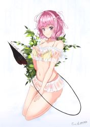 Rule 34 | 1girl, bare legs, bare shoulders, barefoot, bikini, bikini under clothes, blush, bow, character name, closed mouth, collarbone, commentary request, copyright name, demon tail, flower, food, fruit, full body, hair between eyes, hair flower, hair ornament, hand on own chest, hand up, highres, kneeling, momo velia deviluke, nail polish, navel, peach, pink hair, pink nails, pixiv id, pleated skirt, purple eyes, see-through, short hair, skirt, smile, solo, swimsuit, tail, tail raised, teratsuki, to love-ru, to love-ru darkness, yellow bikini