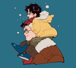Rule 34 | 2boys, black hair, blue background, blue eyes, blue footwear, brown gloves, child, clark kent, coat, dc comics, father and son, glasses, gloves, highres, hokkemaruyaki, jonathan kent, looking at another, male focus, multiple boys, on shoulder, short hair, simple background, superman (series), yellow coat