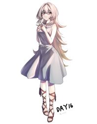 Rule 34 | 1girl, absurdres, alternate costume, arknights, bare shoulders, blush, commentary request, cross-laced sandals, dated, dress, gaoling gangqin, highres, long hair, looking at viewer, mulberry (arknights), pink eyes, sleeveless, sleeveless dress, solo, very long hair, white dress, white hair