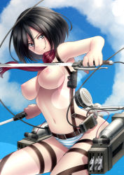 Rule 34 | 1girl, black eyes, black hair, breasts, cable, cloud, day, dual wielding, holding, holster, kai (link2262), large breasts, lens flare, mikasa ackerman, navel, nipples, panties, perky breasts, scarf, serious, shingeki no kyojin, shiny skin, short hair, sky, solo, striped clothes, striped panties, suspenders, sword, three-dimensional maneuver gear, underwear, weapon