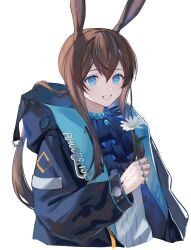 Rule 34 | 1girl, absurdres, amiya (arknights), animal ears, arknights, black jacket, blue eyes, brown hair, commentary request, cropped torso, flower, gridman universe, hair between eyes, highres, holding, holding flower, hood, hood down, hooded jacket, iyo (iyoo), jacket, jewelry, long hair, long sleeves, looking at viewer, open clothes, open jacket, ponytail, puffy long sleeves, puffy sleeves, rabbit ears, ring, shirt, sidelocks, simple background, sleeves past wrists, smile, ssss.gridman, upper body, very long hair, white background, white flower, white shirt