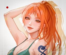 Rule 34 | 1girl, arm tattoo, bikini, breasts, dotted background, eyelashes, green bikini, hand in own hair, high ponytail, highres, light smile, long hair, looking at viewer, medium breasts, nami (one piece), one piece, orange eyes, orange hair, recording, shadow, signature, silphori, simple background, smile, swimsuit, tattoo, viewfinder