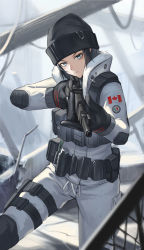 Rule 34 | 1girl, absurdres, arknights, beanie, belt, bilibilida, black gloves, black hair, black hat, blue eyes, canadian flag, chinese commentary, closed mouth, coat, cowboy shot, crossover, day, debris, expressionless, eyelashes, frost (rainbow six siege), gloves, gun, hat, highres, holding, holding gun, holding weapon, holster, knee pads, looking at viewer, magazine (weapon), mole, mole under eye, outdoors, pants, rainbow six siege, ruins, short hair, solo, sunlight, tactical clothes, thigh holster, thigh strap, utility belt, weapon, white coat, white pants