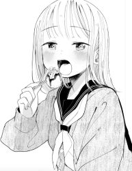 Rule 34 | 1girl, bad id, bad twitter id, blush, chopsticks, dot nose, eating, food request, greyscale, holding, inactive account, long hair, long sleeves, looking at viewer, masuda (yousaytwosin), monochrome, neckerchief, open mouth, original, school uniform, serafuku, solo, sweater