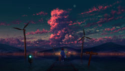 Rule 34 | 1girl, aqua sky, barefoot, black pants, cloud, commentary request, cumulonimbus cloud, dithering, evening, facing away, from behind, full moon, highres, hill, holding, holding clothes, holding footwear, hood, hood down, hoodie, lighthouse, luggage, moon, original, outdoors, pants, pink clouds, railroad tracks, red clouds, red hair, ripples, road sign, scenery, shoes, unworn shoes, shuu illust, sign, sky, solo, traffic light, very wide shot, wading, walking, wind turbine, windmill