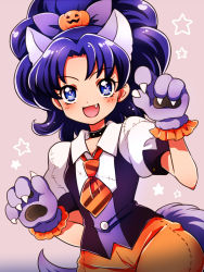 1girl, :d, alternate costume, animal ears, blue eyes, blue hair, blush, commentary request, eyelashes, hair ornament, halloween, halloween costume, happy, kagami chihiro, kirakira precure a la mode, long hair, looking at viewer, open mouth, paw pose, ponytail, precure, smile, solo, standing, tategami aoi