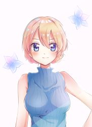 Rule 34 | 1girl, bare arms, bare shoulders, blonde hair, blue eyes, blue flower, blue sweater, braid, casual, closed mouth, commentary request, darjeeling (girls und panzer), flower, girls und panzer, hair between eyes, looking at viewer, ribbed sweater, rurikoke, short hair, sleeveless, sleeveless sweater, smile, solo, sweater, swept bangs, turtleneck, twin braids, upper body, white background