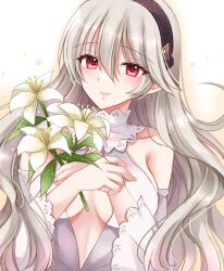 Rule 34 | 1girl, bare shoulders, black hairband, breasts, closed mouth, collarbone, corrin (female) (fire emblem), corrin (fire emblem), covered collarbone, detached sleeves, dress, fire emblem, fire emblem fates, flower, grey hair, hair between eyes, hairband, hands up, highres, holding, holding flower, kirishima riona, long sleeves, looking at viewer, medium breasts, nintendo, pointy ears, red eyes, sleeveless, sleeveless dress, smile, solo, upper body, white dress, white flower, white sleeves, wide sleeves