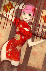 Rule 34 | 1girl, bead curtain, bottle, breasts, chinese clothes, cleavage, cleavage cutout, clothing cutout, dutch angle, fingernails, floral print, flower, green eyes, hair flower, hair ornament, highres, jojo no kimyou na bouken, long fingernails, nail polish, open mouth, pink hair, red nails, short hair, smile, sogomha, solo, thighhighs, tray, trish una