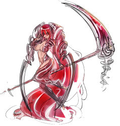 Rule 34 | 1girl, absurdly long hair, bodysuit, breasts, full body, headgear, highres, huge weapon, large breasts, long hair, maniacpaint, original, red eyes, red hair, scythe, solo, toeless legwear, toes, very long hair, weapon, white background