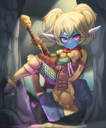 Rule 34 | 1girl, armor, blonde hair, blue skin, colored skin, eyelashes, fang, flower, gloves, hammer, highres, k jin, league of legends, looking at viewer, pointy ears, poppy (league of legends), purple eyes, short hair, slit pupils, smile, solo, twintails, weapon, yordle