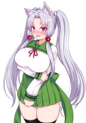 Rule 34 | 1girl, animal ears, blush, breasts, covered erect nipples, cowboy shot, fox ears, green skirt, hair ornament, large breasts, long hair, long sleeves, looking at viewer, null (nyanpyoun), open mouth, pleated skirt, purple eyes, school uniform, shirt, sidelocks, simple background, skirt, solo, sweat, sweatdrop, touhoku itako, twintails, very long hair, voiceroid, white background, white shirt