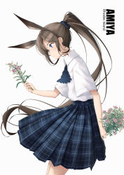 Rule 34 | 1girl, amiya (arknights), animal ear fluff, animal ears, arknights, blue eyes, blue skirt, blush, brown hair, rabbit ears, character name, closed mouth, collared shirt, commentary, flower, from side, grey background, highres, holding, holding flower, long hair, pink flower, plaid, plaid skirt, pleated skirt, ponytail, school uniform, shirt, short sleeves, simple background, sin., skirt, solo, very long hair, white shirt, wide sleeves