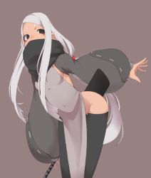 Rule 34 | 1girl, abata, black thighhighs, breasts, detached sleeves, female focus, long hair, no panties, original, pelvic curtain, sleeves past wrists, small breasts, solo, sword, thighhighs, weapon, white hair