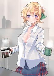 Rule 34 | 1girl, absurdres, blonde hair, blouse, blue skirt, braid, braided bun, breasts, cleavage, coffee mug, coffee pot, commentary request, commission, cowboy shot, cup, dress shirt, hair bun, highres, kantai collection, komb, looking at viewer, loose clothes, loose shirt, medium breasts, mug, perth (kancolle), plaid, plaid skirt, pleated skirt, purple eyes, school uniform, shirt, short hair, skirt, smile, solo, split mouth, steam, white shirt