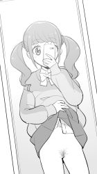 Rule 34 | 1girl, bow, bowtie, cellphone, cleft of venus, clothes lift, covered mouth, cowboy shot, dutch angle, female pov, female pubic hair, full-length mirror, greyscale, healin&#039; good precure, highres, hiramitsu hinata, holding, holding phone, hood, hoodie, long hair, long sleeves, looking at mirror, mirror, monochrome, no panties, phone, pov, precure, pubic hair, reflection, selfie, skirt, skirt lift, sleeves past wrists, smartphone, solo, twintails, ukokkei