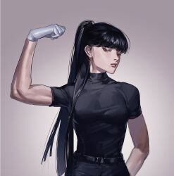 Rule 34 | 1girl, arm behind back, arm up, belt, biceps, black belt, black hair, black pants, black shirt, blunt bangs, breasts, chinese commentary, commentary request, curled fingers, eyelashes, flexing, gloves, grey background, high ponytail, highres, lips, long hair, looking at viewer, medium breasts, nose, original, pants, red eyes, shirt, short sleeves, sideways glance, solo, tangtangjj, tight clothes, tight shirt, turning head, upper body, variant set, very long hair, white gloves