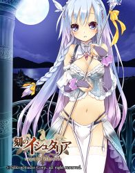 Rule 34 | 1girl, age of ishtaria, braid, breasts, bustier, character request, cleavage, copyright notice, full moon, garter straps, lake, loincloth, long hair, midriff, moon, navel, night, night sky, panties, pelvic curtain, saeki touma, showgirl skirt, silver hair, sky, solo, staff, thighhighs, underwear, weapon