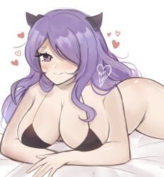 Rule 34 | 1girl, bare shoulders, black bra, blush, bottomless, bra, breasts, camilla (fire emblem), commentary, fake horns, fire emblem, fire emblem fates, heart, highres, horns, large breasts, long hair, looking at viewer, navel, nintendo, purple eyes, purple hair, purrlucii, simple background, smile, solo, stomach, underwear, white background