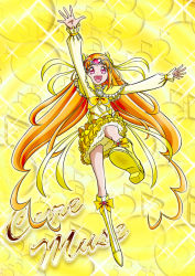 Rule 34 | 10s, 1girl, arm up, boots, bow, brooch, character name, choker, circlet, cure muse, cure muse (yellow), dress, eyelashes, frills, full body, hair bow, heart, jewelry, knee boots, long hair, magical girl, orange hair, perspective, pink eyes, precure, ribbon, shirabe ako, skirt, solo, suite precure, toratora (1972-08-30), yellow background, yellow bow, yellow dress, yellow skirt, yellow theme