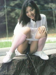 Rule 34 | 1girl, asian, black hair, chain-link fence, cliff, fence, grass, grin, hand on own knee, japanese (nationality), kneehighs, long hair, looking at viewer, panties, panty pull, peeing, photo (medium), pink socks, puddle, pussy, shirt, shoes, short sleeves, skirt, sky, smile, sneakers, socks, squatting, teeth, tree, uncensored, underwear, white panties, white shirt, white skirt