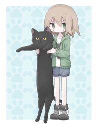 Rule 34 | 1girl, animal, black cat, blue background, border, brown hair, cat, closed mouth, commentary, drawstring, full body, green eyes, green jacket, grey shorts, hair between eyes, highres, holding, holding animal, holding cat, hood, hood down, hooded jacket, jacket, kanikan, long sleeves, longcat (meme), looking at viewer, medium hair, meme, open clothes, open jacket, original, outside border, paw print, paw print background, print shirt, shirt, shoes, short shorts, shorts, solo, standing, straight hair, sweat, symbol-only commentary, white border, white shirt