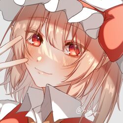 Rule 34 | 1girl, artist name, blonde hair, close-up, closed mouth, collared shirt, flandre scarlet, hair between eyes, hat, hat ribbon, highres, hisu (hisu ), light smile, looking at viewer, mob cap, portrait, red eyes, red ribbon, ribbon, shirt, simple background, solo, touhou, white background, white hat, white shirt