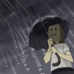 Rule 34 | 1boy, anonymous (4chan), artist request, bag, lonely, male focus, original, paper bag, rain, russian text, solo, text focus, translated, umbrella