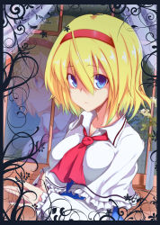 Rule 34 | 1girl, alice margatroid, ascot, blonde hair, blue eyes, capelet, curtains, female focus, flower, frown, hairband, reflection, short hair, solo, touhou, upper body, window, yuuki. (limit)