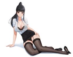 Rule 34 | 1girl, absurdres, arm support, black eyes, black footwear, black hair, black skirt, black thighhighs, blunt bangs, blush, bra, bra peek, bra visible through clothes, breasts, cleavage, closed mouth, collared shirt, cryturtle, dress shirt, full body, garter straps, hand on own thigh, high-waist skirt, high heels, high ponytail, highres, lace, lace-trimmed legwear, lace bra, lace panties, lace trim, large breasts, leaning to the side, long hair, looking at viewer, miniskirt, original, panties, pantyshot, partially unbuttoned, see-through, see-through shirt, shadow, shirt, shirt tucked in, shoes, unworn shoes, short sleeves, sidelocks, simple background, sitting, skirt, sleeves rolled up, smile, solo, thighhighs, underwear, veins, veiny breasts, white background, white shirt, zettai ryouiki