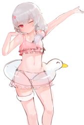 Rule 34 | 1girl, absurdres, arm up, bad id, bad pixiv id, bare arms, bare shoulders, bikini, blush, character request, closed mouth, dokomon, frilled bikini, frills, grey hair, hair between eyes, hair ornament, hair over shoulder, hand on own shoulder, hand up, heart, heart hair ornament, highres, honkai (series), honkai impact 3rd, innertube, navel, one eye closed, outstretched arm, pink bikini, red eyes, simple background, sketch, solo, swim ring, swimsuit, theresa apocalypse, white background