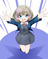 Rule 34 | 1girl, :d, arms up, black socks, blue eyes, blue jacket, breasts, brown footwear, collared shirt, dress, dress shirt, from above, grey dress, grey hair, highres, jacket, kuena, long sleeves, looking at viewer, looking up, love live!, love live! superstar!!, multicolored hair, neck ribbon, open clothes, open jacket, open mouth, pink hair, pleated dress, red ribbon, ribbon, shirt, shoes, small breasts, smile, socks, solo, streaked hair, tang keke, teeth, upper teeth only, white shirt