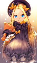 Rule 34 | 1girl, abigail williams (fate), black bow, black dress, black hat, blonde hair, bloomers, blue eyes, bow, bug, butterfly, closed mouth, commentary request, cowboy shot, dress, fate/grand order, fate (series), hair bow, hands in opposite sleeves, hat, head tilt, highres, hugging object, insect, long hair, long sleeves, looking at viewer, orange bow, parted bangs, polka dot, polka dot bow, smile, solo, stuffed animal, stuffed toy, teddy bear, umagenzin, underwear, very long hair, white bloomers