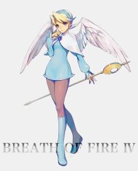 Rule 34 | 1girl, angel wings, blonde hair, blue footwear, boots, breath of fire, breath of fire iv, closed mouth, dress, earrings, feathered wings, full body, hairband, hato (dovecot), highres, jewelry, knee boots, looking at viewer, nina (breath of fire iv), pantyhose, short hair, simple background, skirt, smile, solo, staff, very short hair, white background, white wings, wings