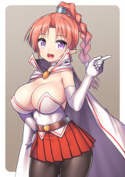 Rule 34 | 1girl, blush, braid, breasts, cape, chrono (series), chrono trigger, cleavage, collar, contrapposto, earrings, elbow gloves, flea (chrono trigger), gloves, hand on own hip, jewelry, large breasts, long hair, looking at viewer, microskirt, nagase haruhito, open mouth, pantyhose, pink hair, pleated skirt, pointy ears, ponytail, purple eyes, red skirt, single braid, skirt, smile, solo, square enix, standing