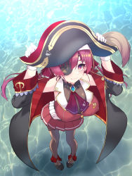 Rule 34 | 1girl, bodysuit, breasts, coat, commentary request, eyepatch, gloves, hat, highres, hololive, houshou marine, long hair, looking at viewer, okuri banto, pirate, pirate hat, pleated skirt, purple hair, red eyes, skirt, smile, solo, thighhighs, virtual youtuber, white gloves