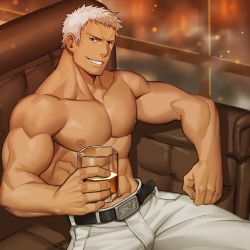 Rule 34 | 1boy, abs, bara, bare pectorals, belt, chrisanother, cup, drinking, feet out of frame, holding, holding cup, male focus, mature male, muscular, muscular male, nanakase yashiro, nipples, pants, pectorals, short hair, sitting, smirk, solo, spread legs, the king of fighters, the king of fighters xv, white hair, white pants