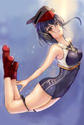Rule 34 | 10s, 1girl, armadillo-tokage, bad id, bad twitter id, blue hair, blue one-piece swimsuit, boots, breasts, brown eyes, covered erect nipples, full body, hat, headphones, high heels, highres, i-13 (kancolle), kantai collection, looking at viewer, medium breasts, one-piece swimsuit, parted lips, red footwear, school swimsuit, see-through, short hair, solo, swimsuit, thigh strap, underwater