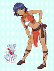 Rule 34 | 1girl, bandeau, bare shoulders, blush, bracelet, breasts, choker, cleavage, closed mouth, cross-laced footwear, dark-skinned female, dark skin, earrings, full body, fushigi no umi no nadia, green eyes, hand on own hip, hand on own knee, highres, hoop earrings, jewelry, king (nadia), lion, lips, loincloth, looking at viewer, midriff, nadia la arwall, navel, necklace, nigou, pelvic curtain, purple hair, revision, scarf, short hair, small breasts, smile, strapless, tube top, vest
