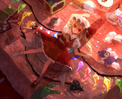 Rule 34 | 1girl, arm up, ascot, asymmetrical hair, bad id, bad pixiv id, bed, blonde hair, book, book stack, broken, crystal, dagger, drawing, flandre scarlet, full body, glowing, hat, hat ribbon, knife, laevatein, looking to the side, lying, mary janes, mob cap, mochacot, on back, on bed, puffy sleeves, red eyes, remilia scarlet, ribbon, shirt, shoes, short sleeves, side ponytail, single shoe, skirt, skirt set, socks, solo, stuffed animal, stuffed toy, teddy bear, touhou, vest, weapon, white socks, wings