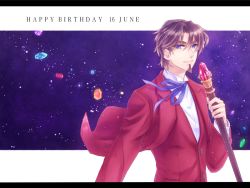 Rule 34 | 1boy, @co, bad id, bad pixiv id, blue eyes, brown hair, cane, dated, facial hair, fate/zero, fate (series), formal, gem, goatee, happy birthday, letterboxed, male focus, solo, staff, suit, tohsaka tokiomi