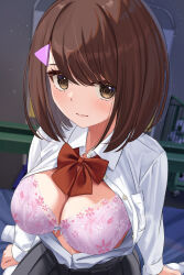 Rule 34 | 1girl, arms at sides, black skirt, bow, bow bra, bowtie, bra, breast pocket, breasts, brown eyes, brown hair, buttons, cleavage, closed mouth, collared shirt, floral print, hair ornament, large breasts, light blush, long sleeves, looking at viewer, medium hair, open clothes, open shirt, original, pink bra, pleated skirt, pocket, print bra, red bow, red bowtie, shirt, sitting, skirt, socks, solo, straight hair, swept bangs, triangle hair ornament, tsuseki, unbuttoned, underwear, upper body, wariza, white shirt, white socks